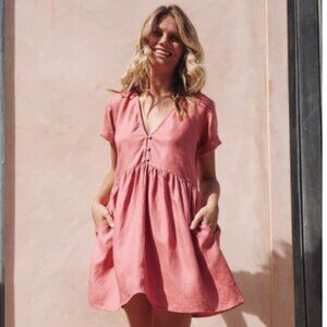 Rove Sunchaser Babydoll Dress Dark Blush Linen Pockets